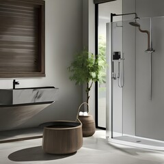 A minimalist and zen-inspired bathroom with a freestanding tub and a pebble shower floor1, Generative AI