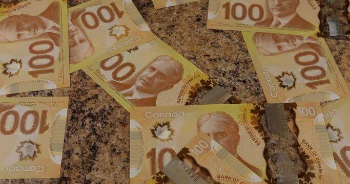 Falling Canadian 100 dollar polymer banknotes with a portrait of Robert Borden.