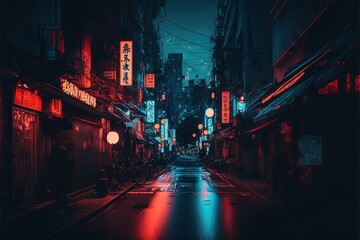 A dark neon city street at night