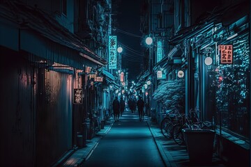 A dark neon city street at night