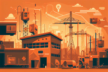 Industrial warehouse cityscape illustration. Generative AI