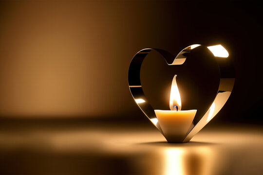 A heart-shaped candle, the soft glow casting a warm light on the surrounding area. A Valentine’s Day and Wedding Anniversary special romantic love background. Generative AI.