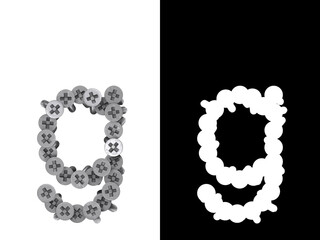 Small letter g made of screws screwed into a white surface with clipping mask, 3d rendering