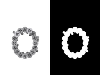 Small letter o made of screws screwed into a white surface with clipping mask, 3d rendering