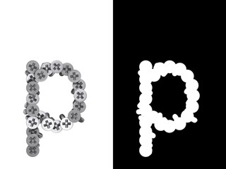 Small letter p made of screws screwed into a white surface with clipping mask, 3d rendering