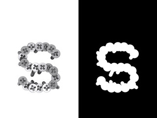 Small letter s made of screws screwed into a white surface with clipping mask, 3d rendering