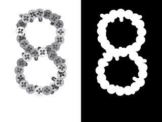 Number 8 made of screws screwed into a white surface with clipping mask, 3d rendering