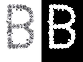 Letter B made of screws screwed into a white surface with clipping mask, 3d rendering