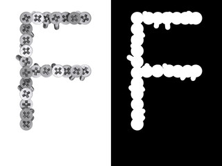 Letter F made of screws screwed into a white surface with clipping mask, 3d rendering