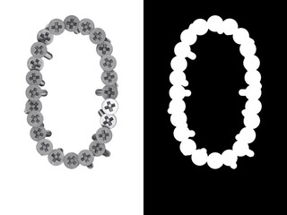 Letter O made of screws screwed into a white surface with clipping mask, 3d rendering