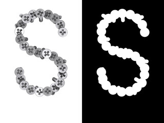 Letter S made of screws screwed into a white surface with clipping mask, 3d rendering