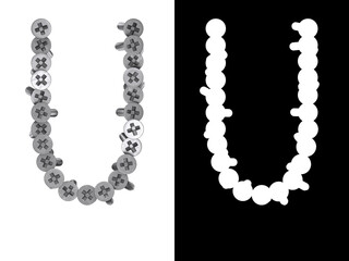 Letter U made of screws screwed into a white surface with clipping mask, 3d rendering