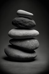 Fototapeta na wymiar Zen stones stacked in pyramid shape. Isolated on dark background. Spiritual work and meditation concept. Generative ai.