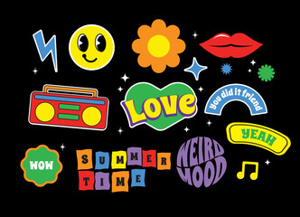 Retro stickers with smile faces, cartoon comic label patches. Funky, hipster retrowave stickers in geometric shapes. Vector illustration of y2k , 90s