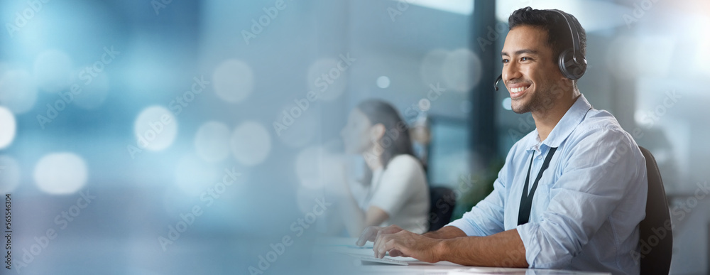 Poster crm, mockup or consultant typing in a call center helping, talking or networking online via email. d