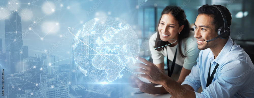Aufkleber Coaching, overlay or consulting team in a call center helping, talking or networking online in training. Global hologram, woman or happy agents in communication at customer services or sales support