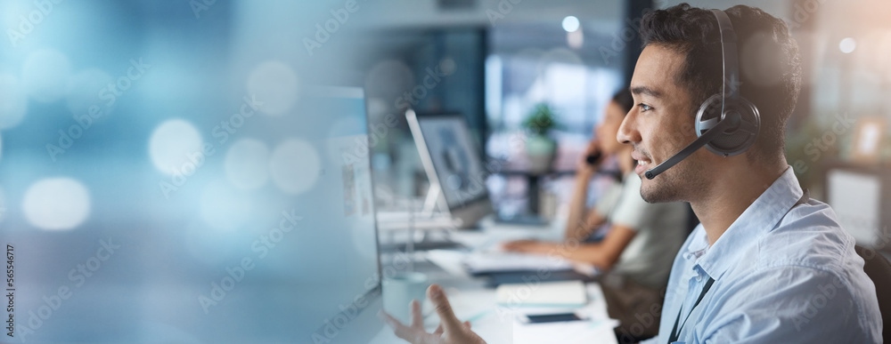 Poster crm, mockup or man in a telemarketing call center helping, talking or networking online via micropho