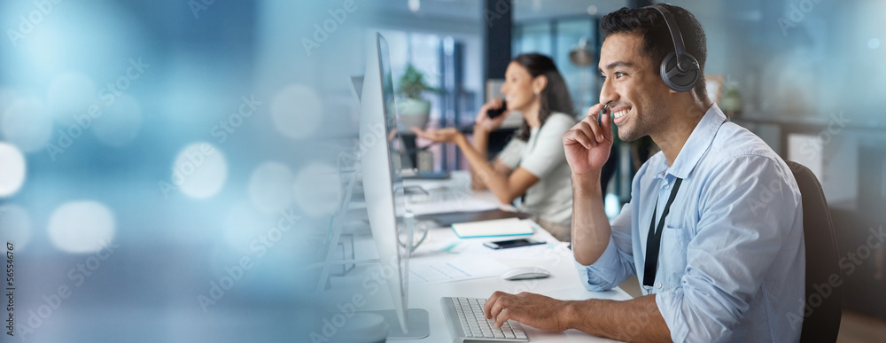 Aufkleber contact us, mockup or happy consultant in a call center helping, talking or networking online in off