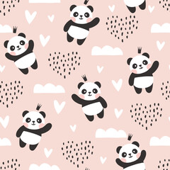 Panda bear cute boho elements sky with clouds and hearts. Baby girl pastel pink kids kawaii animals seamless pattern design for wrapping paper, fabric and textile.