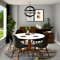 Mid-century modern dining room with round table and Eames chairs1_SwinIR