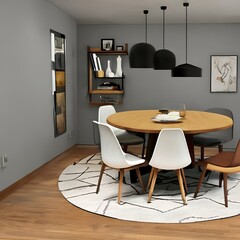Mid-century modern dining room with round table and Eames chairs2_SwinIR