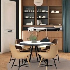 Mid-century modern dining room with round table and Eames chairs3_SwinIR