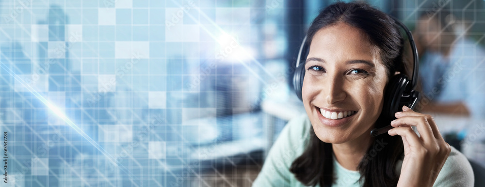 Poster portrait, overlay or happy consultant in a call center helping, talking or networking online at offi