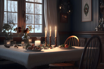 A Warm Table Setting with Candlelight with A Window View of Snow Outside, created by Generative AI