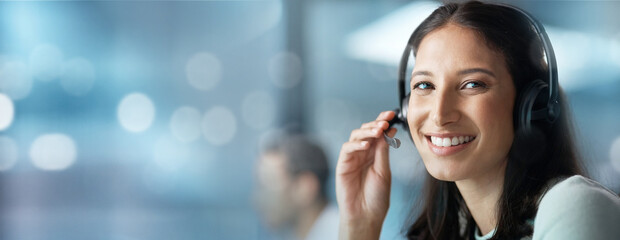 Portrait, mockup or woman in a call center for communication, talking or networking online. Bokeh,...