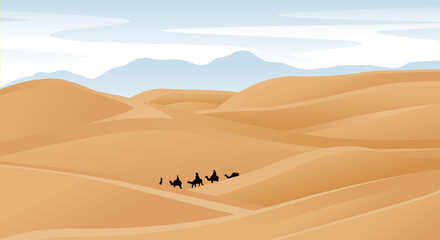 Fototapeta na wymiar Natural scenery of the desert and camel riders background vectors and illustrations