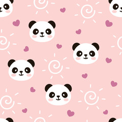 Kawaii panda bear with red hearts and abstract sun pink baby girl seamless pattern background, kids cute woodland animals fabric and textile print design.