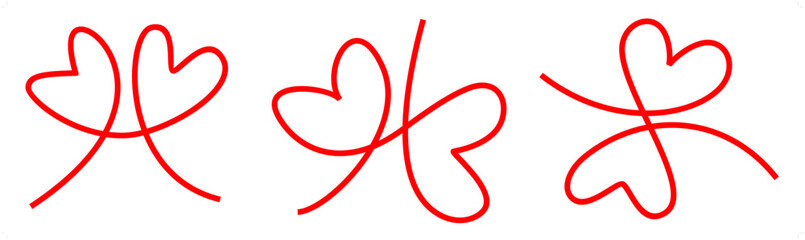 An abstract minimal line drawing of three red double hearts for Valentine’s Day on an isolated white background