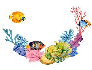 Coral reefs with tropical fish, rocks and algae. Underwater landscape. Bright watercolor illustration. The plot for the design of banners, souvenirs, postcards, posters, design and printing