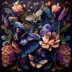fantastic pattern of flowers and butterflies Generative AI