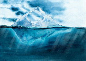 Iceberg in the ocean with a view underwater. Drifting ice in the ocean, the concept of hidden danger. Watercolor illustration. The texture of snow and water. A clipart for covering global warming. © Tata Pilip