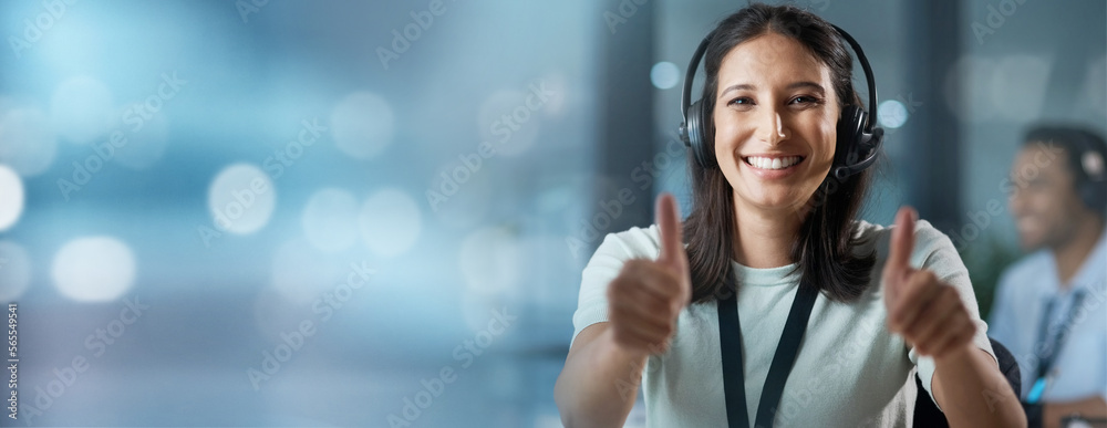Poster success, mockup or consultant with thumbs up in call center helping, talking or networking online. p