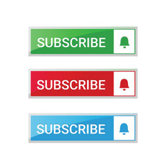 Subscribe button Bell, notification icon button and hand cursor click. Red button subscribe to channel social media, marketing, blog. Vector illustration for website, mobile app, UI UX. EPS 10
