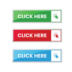 Click here button with arrow pointer clicking icon. Click here vector web button. Web button with action of arrow pointer. Click here, UI button concept. Vector illustration
