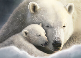 Polar bear family, mother and baby cuddling in the snow, digital illustration (Generative AI)