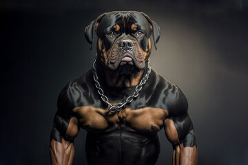 Portrait of a strong male dog in a gym. Bodybuilding concept, generative ai