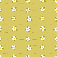 Pattern of cartoon daisy flowers on a green background with dots elements.