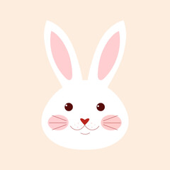 Cute smiling rabbit on a beige background. Cartoon bunny head. Cartoon vector illustration.