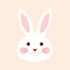 Cute smiling rabbit on a beige background. Cartoon bunny head. Cartoon vector illustration.