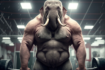 Fototapeta na wymiar Portrait of a strong male elephant in a gym. Bodybuilding concept, generative ai
