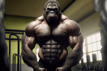 Fototapeta na wymiar Portrait of a strong male gorilla in a gym. Bodybuilding concept, generative ai