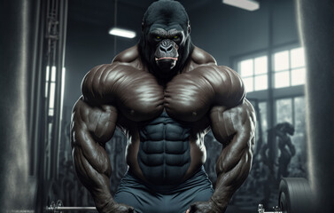Naklejka na ściany i meble Portrait of a strong male gorilla in a gym. Bodybuilding concept, generative ai