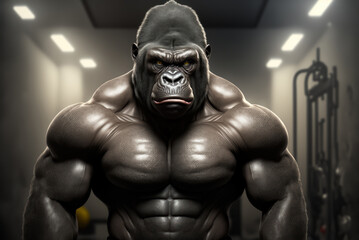 Obraz na płótnie Canvas Portrait of a strong male gorilla in a gym. Bodybuilding concept, generative ai
