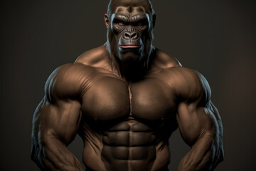 Fototapeta na wymiar Portrait of a strong male gorilla in a gym. Bodybuilding concept, generative ai