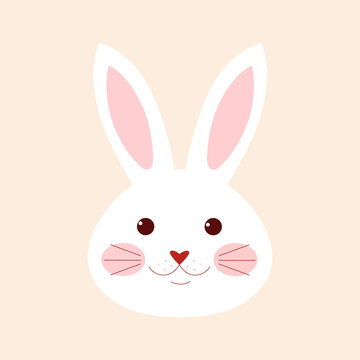 Cute smiling rabbit on a beige background. Cartoon bunny head. Cartoon vector illustration.