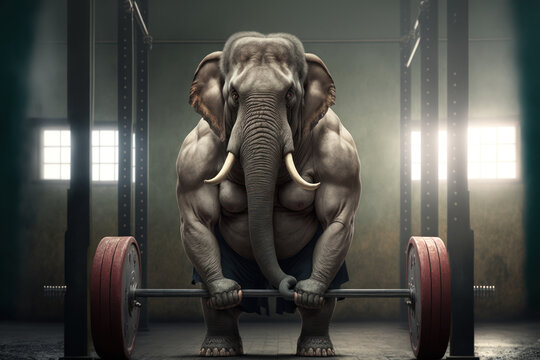 Portrait of a strong male elephant in a gym. Bodybuilding concept, generative ai